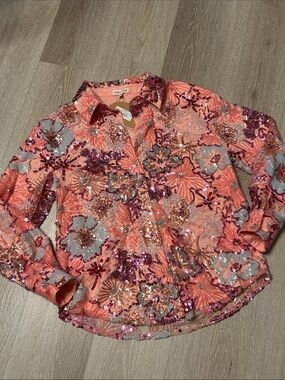 Main Strip NWT Coral Sequin Embellished Floral Button-Down Shirt Sz Small